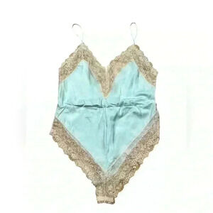 Vintage Ms. Leslee Blue Teddy Bodysuit Romper French Cut Tagged L Fits Medium